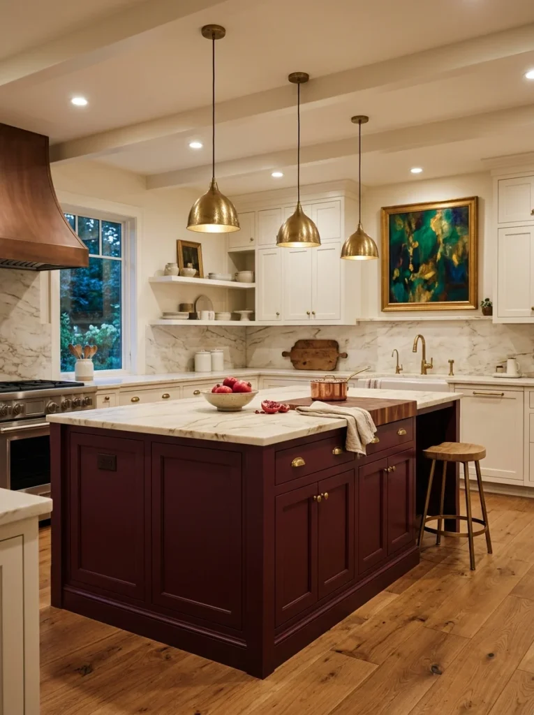 Sophisticated kitchen with a deep burgundy island and warm white cabinets.