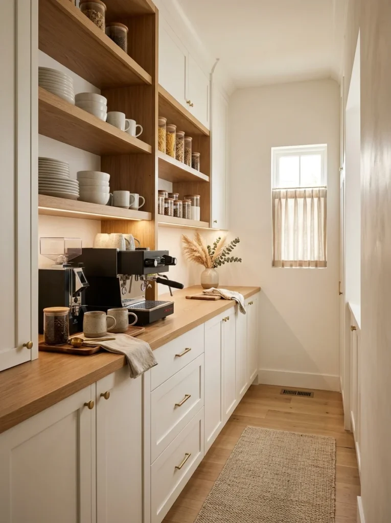 Multifunctional butler’s pantry with organized storage and a dedicated coffee station.