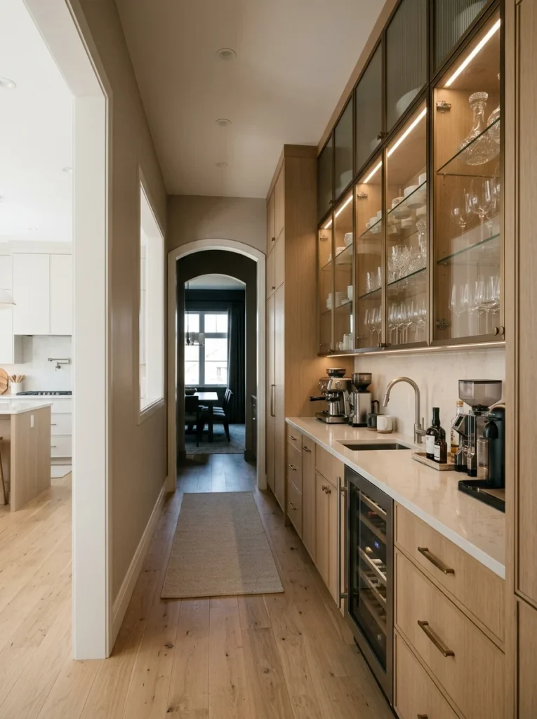 Narrow galley-style butler’s pantry designed to maximize a small space.