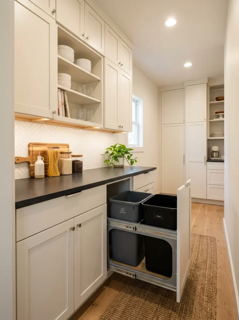 Integrated pull-out cabinets conceal trash and recycling bins in a butler’s pantry.