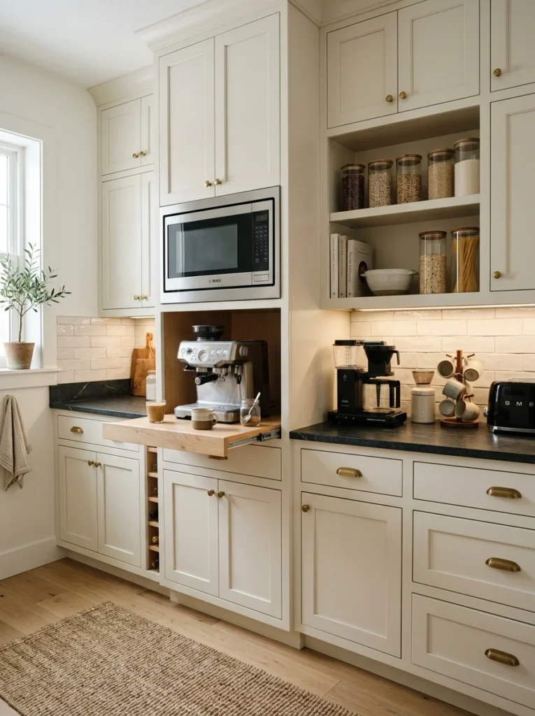Built-in appliance nook keeps a microwave organized inside the butler’s pantry.