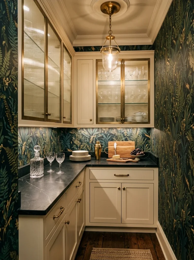 Bold botanical wallpaper creates a dramatic look in a modern butler’s pantry.