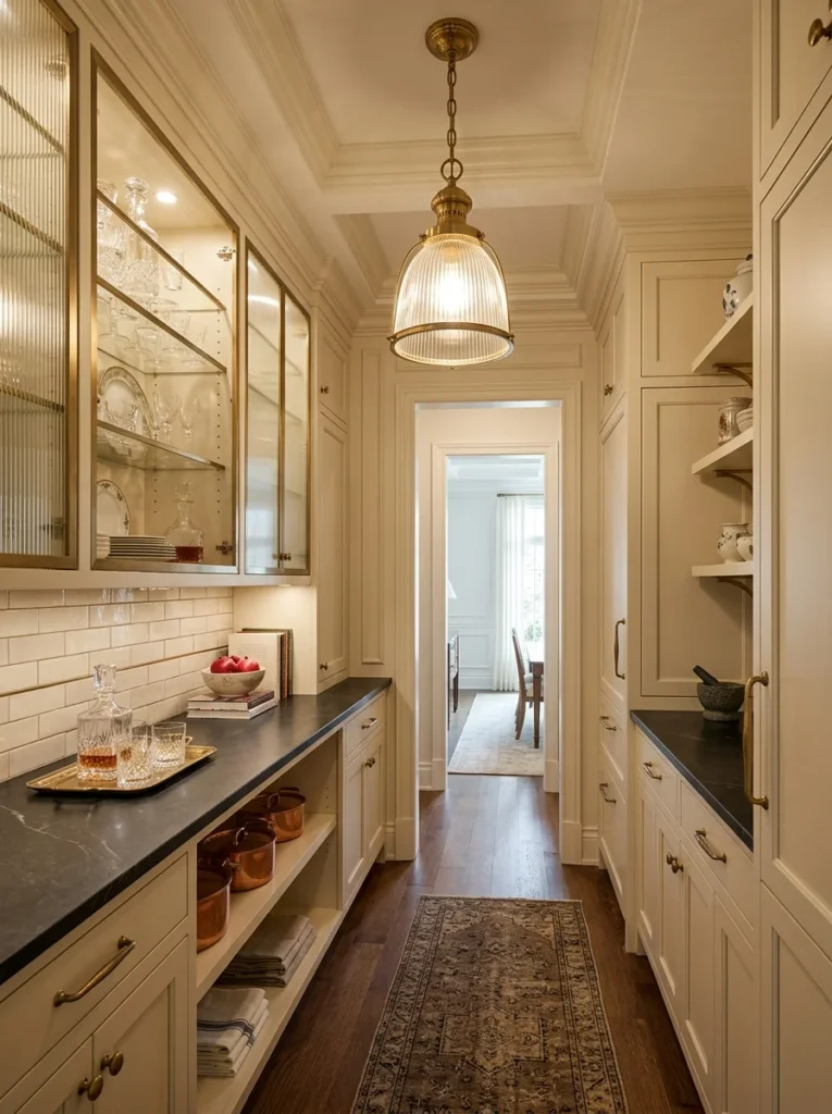 Brass pendant light adds a decorative focal point to a butler’s pantry.