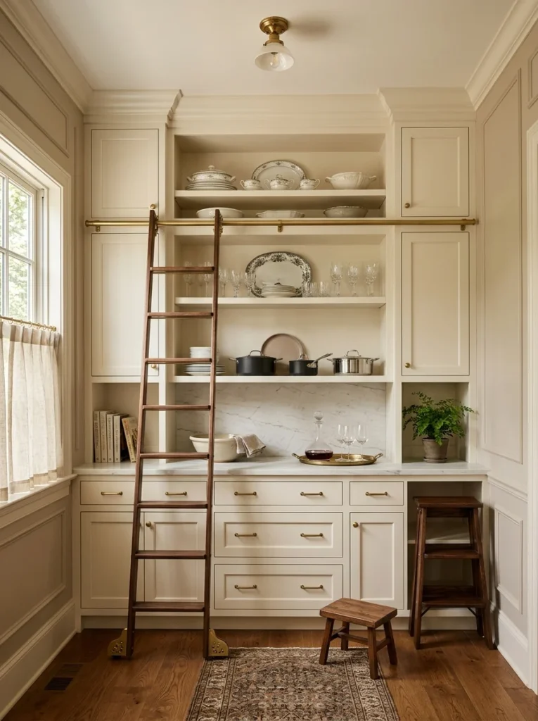 Floor-to-ceiling cabinets maximize vertical storage in a modern butler’s pantry.