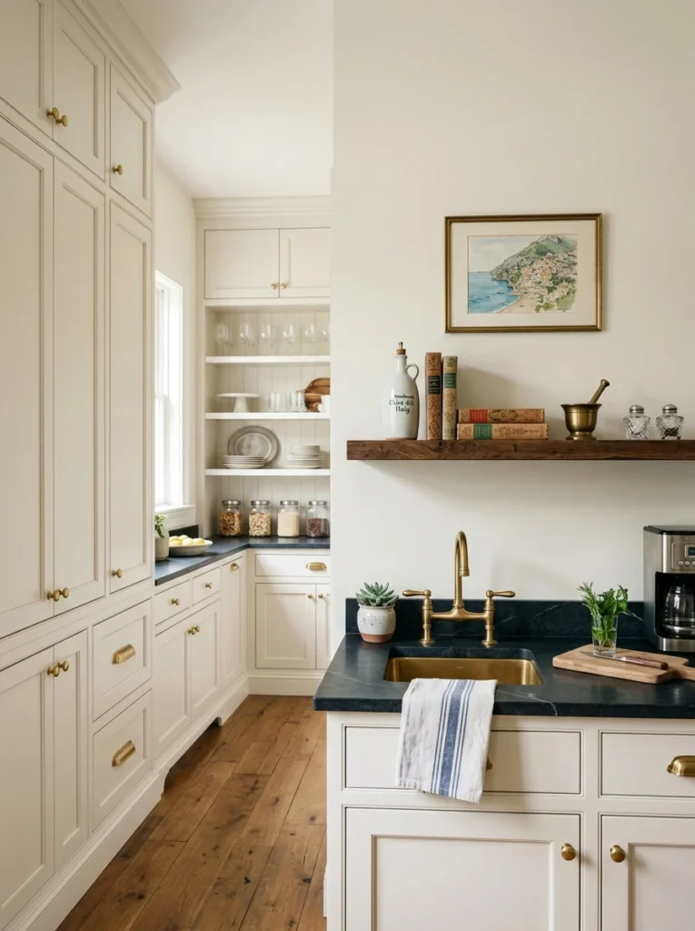 Personal artwork and collected objects add character to a modern butler’s pantry.