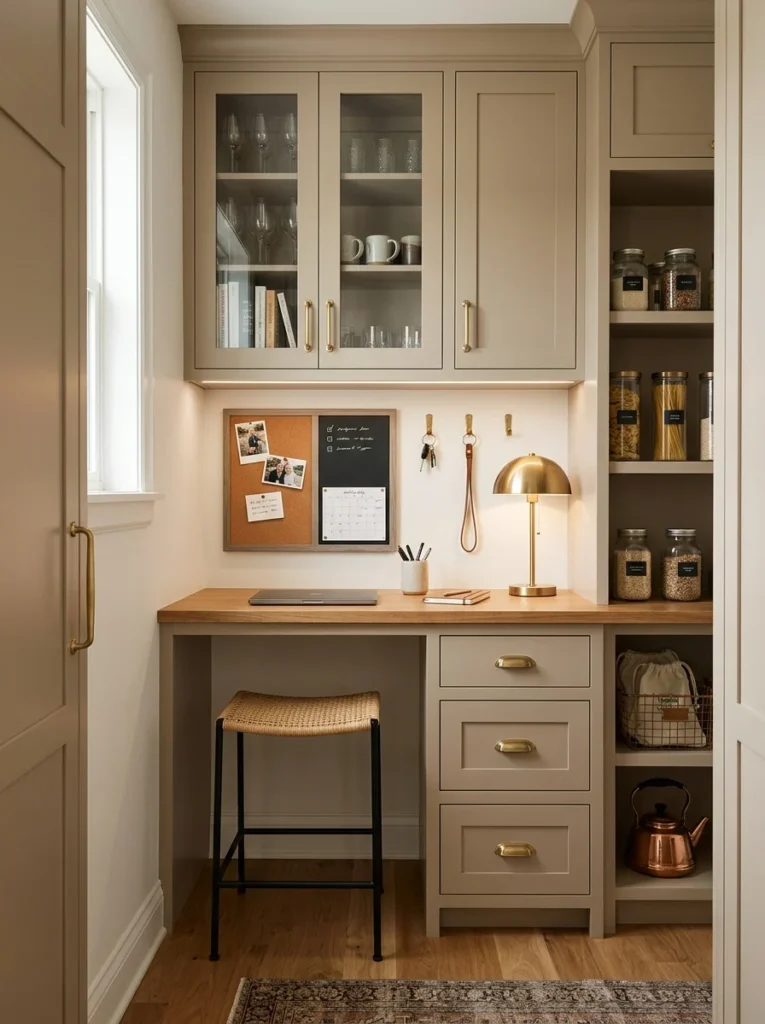 Small built-in desk creates a practical message center inside a butler’s pantry.