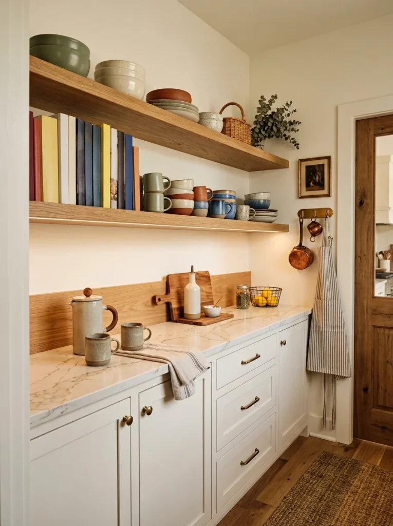 Curated cookbooks add personality and practical storage to a butler’s pantry.