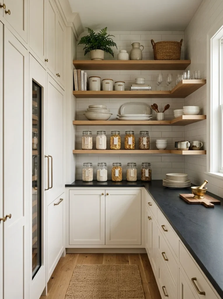 Carefully organized butler’s pantry with curated storage and uncluttered countertops.