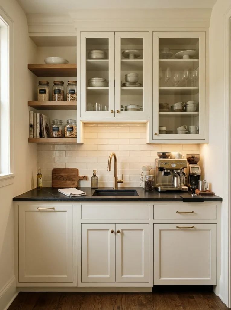 Compact prep sink with brass faucet inside a modern butler’s pantry.