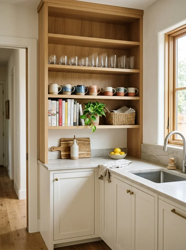 Open shelves provide easy access to everyday glasses and mugs in a butler’s pantry.