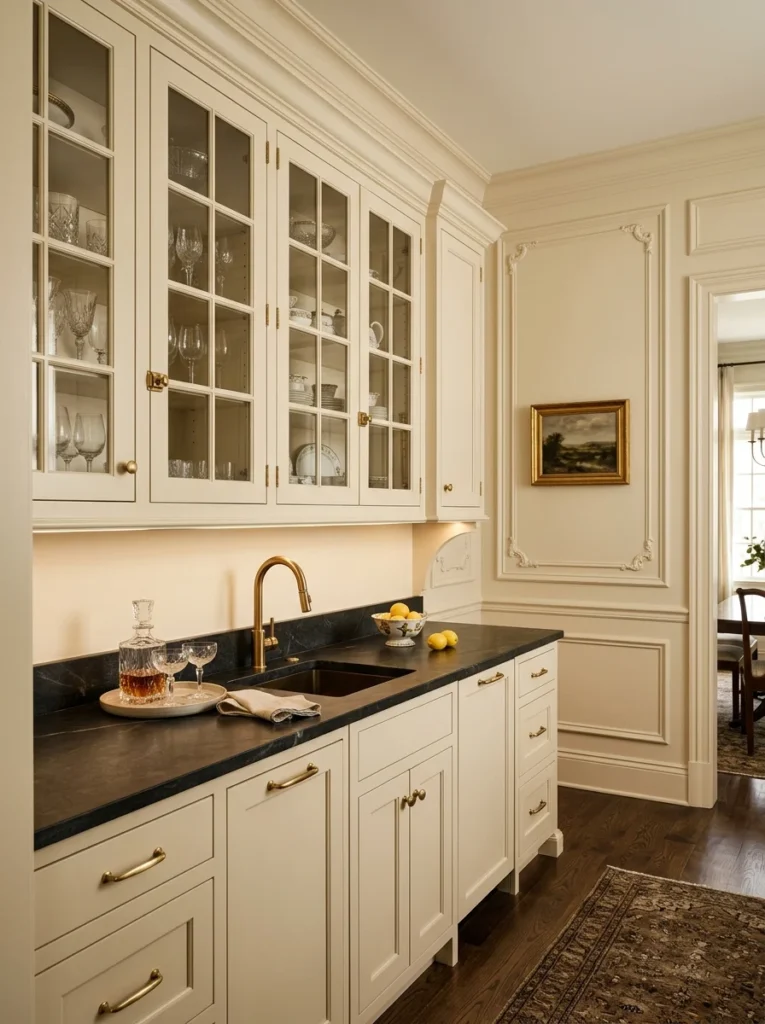 Decorative wall molding adds architectural detail to a stylish butler’s pantry.