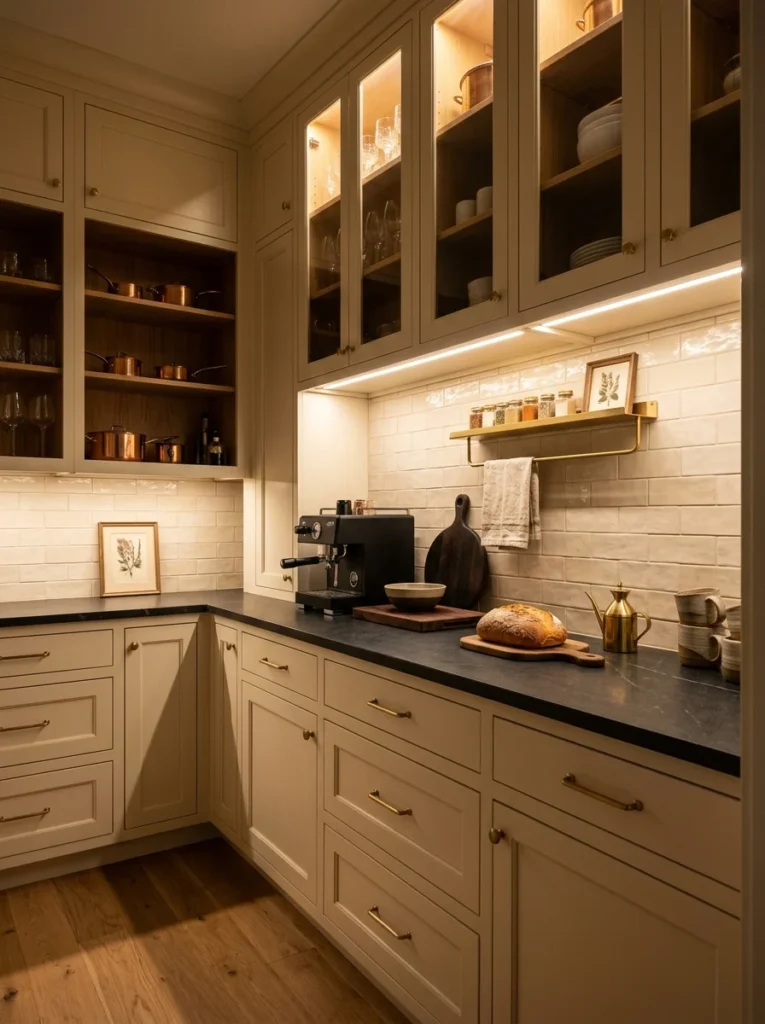 Warm under-cabinet lighting illuminates the countertop in a butler’s pantry.
