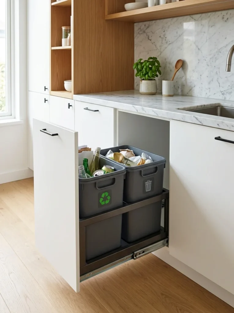 Pull-out cabinet hiding organized trash and recycling bins