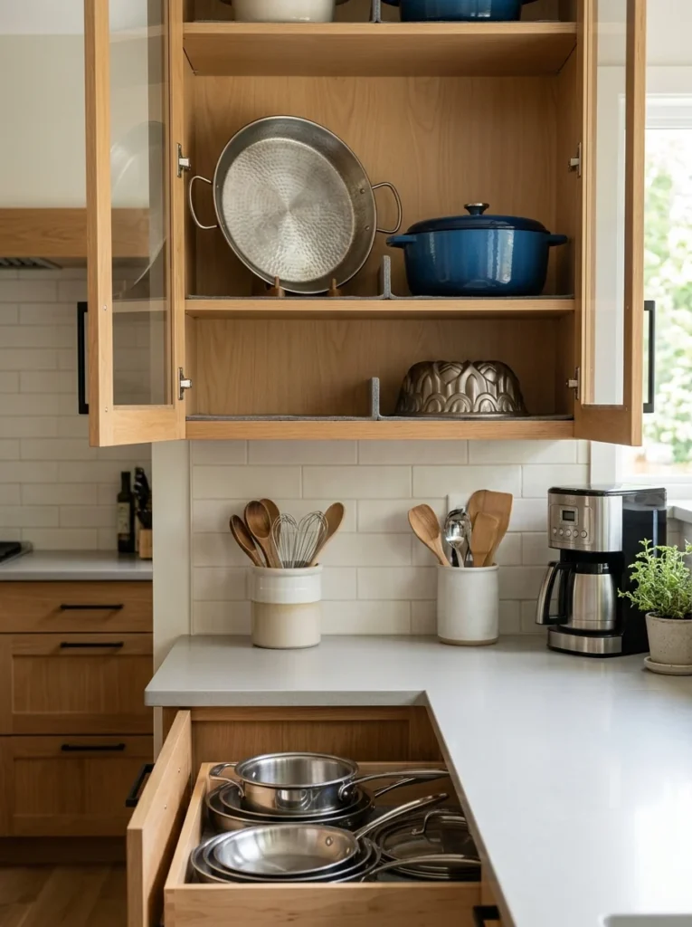 Specialty cookware stored in a less accessible kitchen cabinet