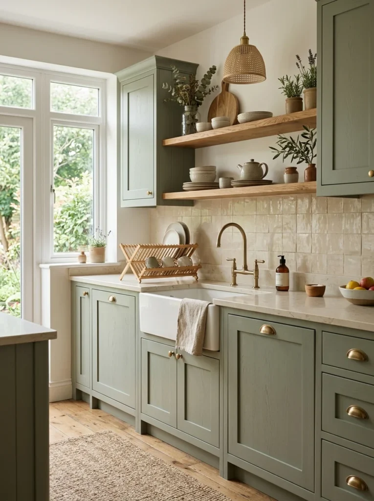 Calming kitchen with sage green cabinets, natural wood, and brass hardware.