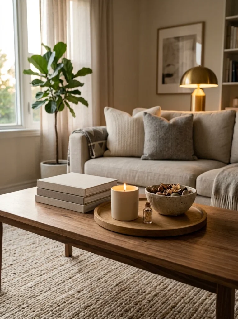 Neutral scented candle adds warmth to a styled living room coffee table.
