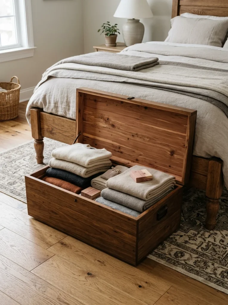 Cedar-lined storage protecting wool clothing beneath a bed