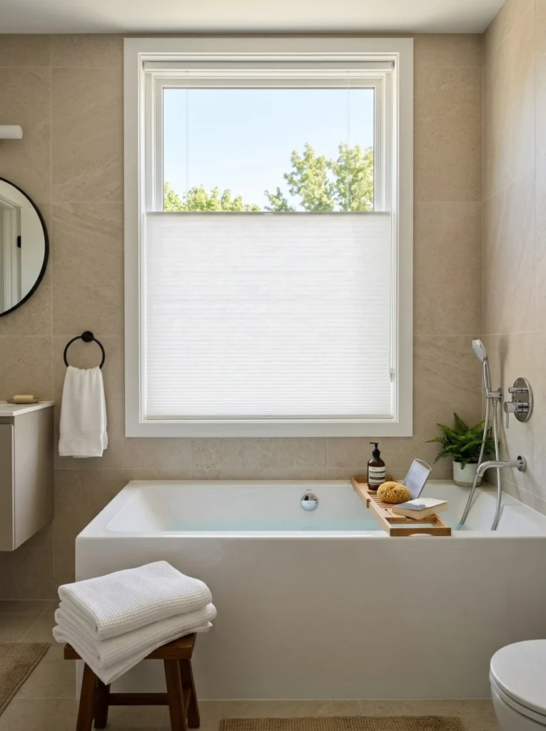 Top-down bottom-up cellular shade providing adjustable bathroom window privacy.