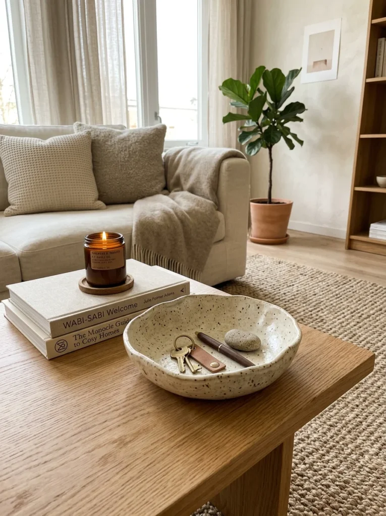 Textured ceramic bowl provides a stylish place for small objects on a coffee table.