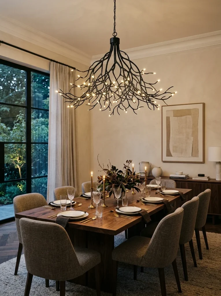 Sculptural black metal chandelier serving as a statement feature above a dining table.