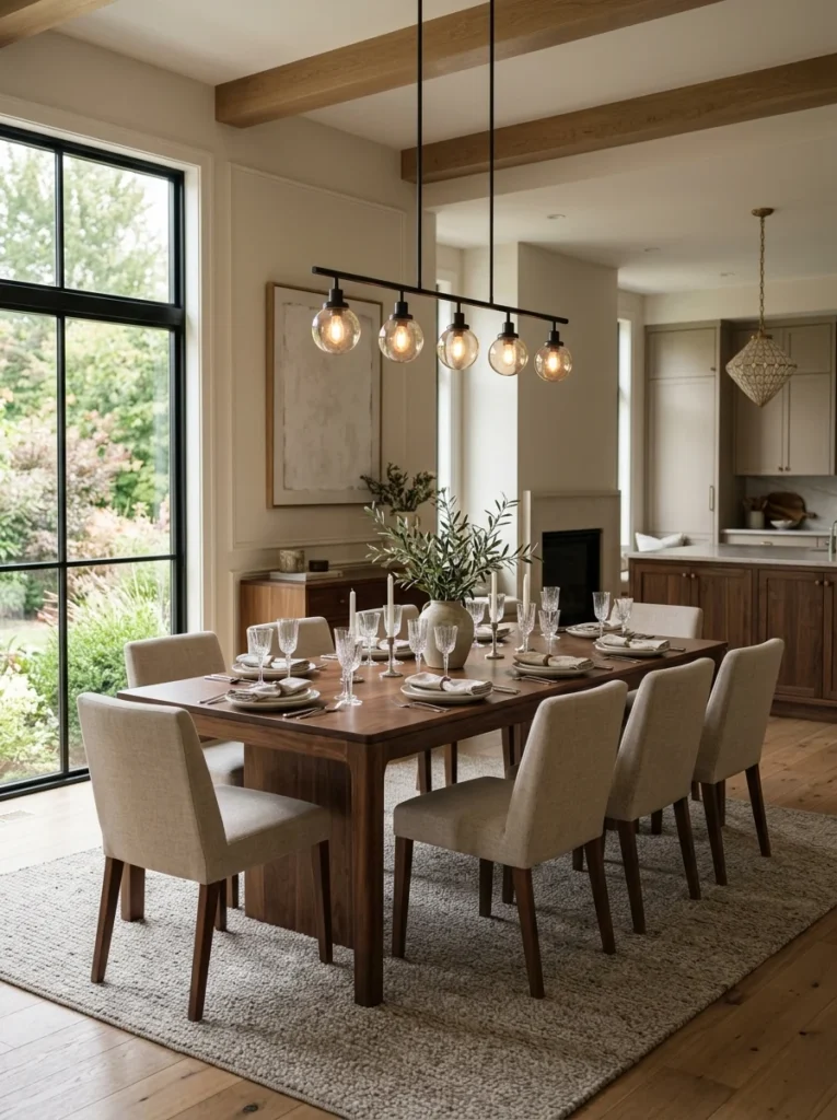 Dining room chandelier hanging at the proper height above a rectangular dining table.