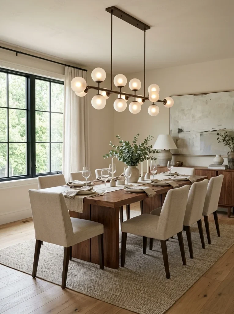 Proportionate dining room chandelier sized to complement a rectangular dining table.