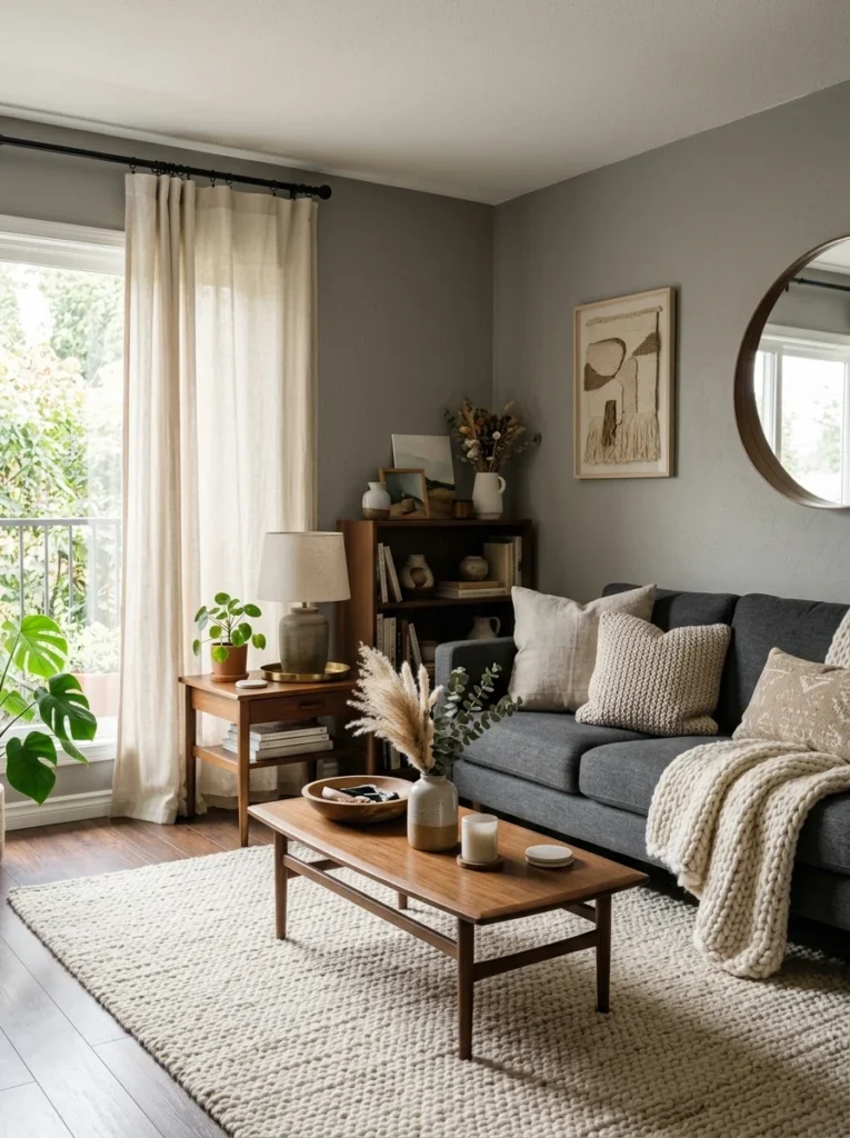 Grey living room softened with cream textiles.