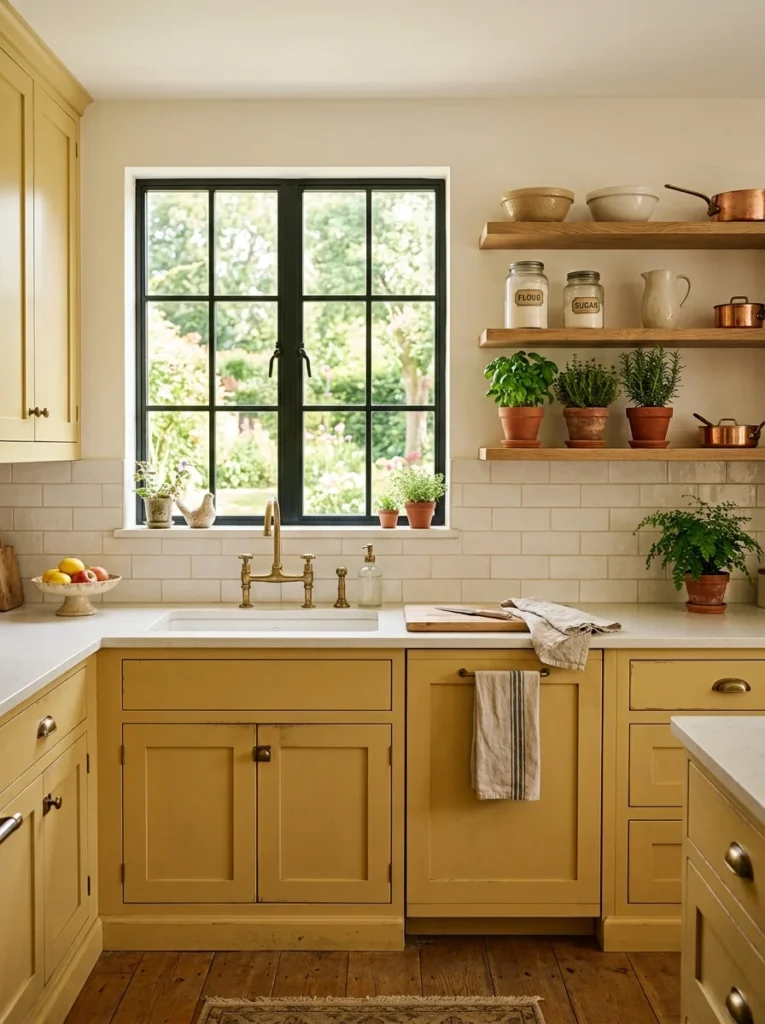 Cheerful kitchen with soft butter-yellow cabinets and natural wood accents.