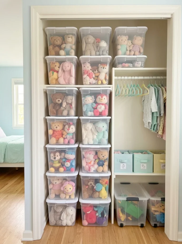 Clear stackable bins organizing a large stuffed animal collection