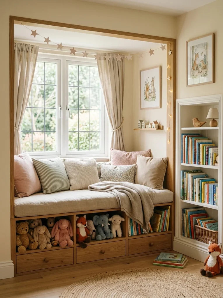 Children's reading nook with integrated stuffed animal storage