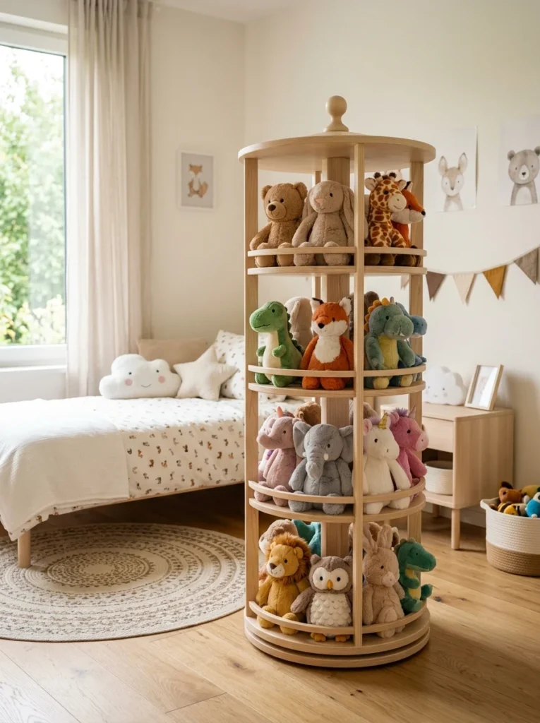 Rotating carousel shelf displaying stuffed animals