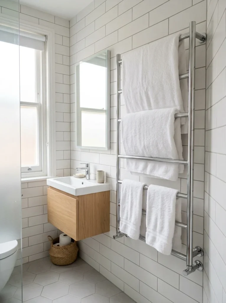 Corner-mounted towel rack for a small bathroom.