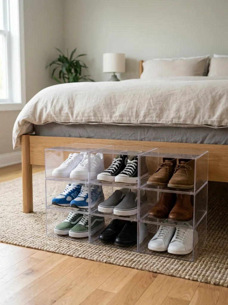 Individual shoe compartments beneath a bedroom bed