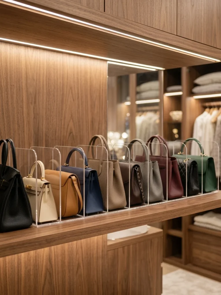 Clear shelf dividers keeping handbags upright and organized