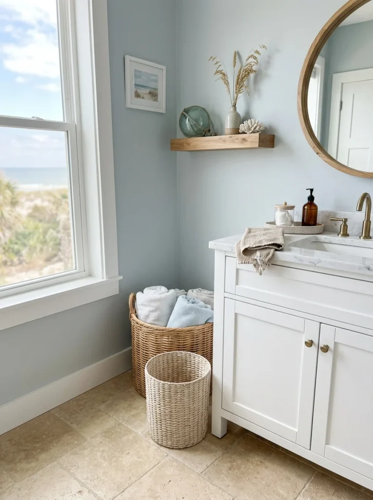 Woven seagrass trash can in a light coastal bathroom.
