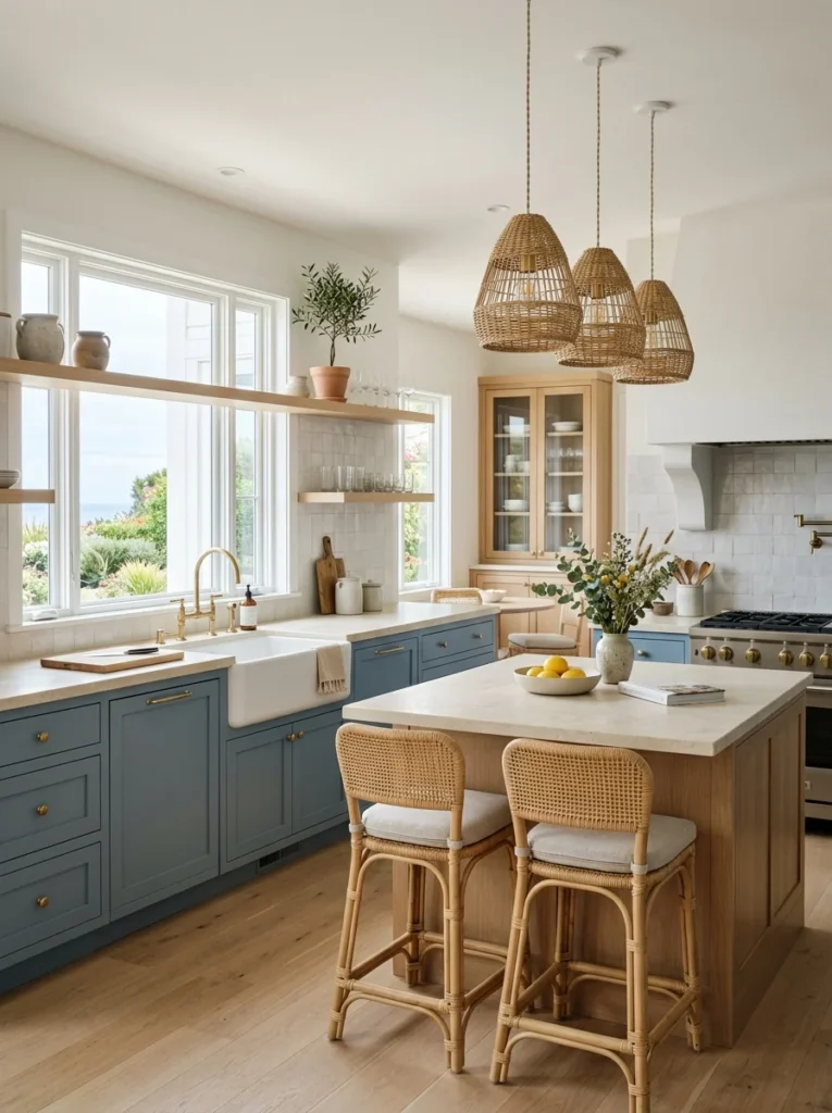Calm coastal kitchen with muted dusty blue cabinets and light wood accents.
