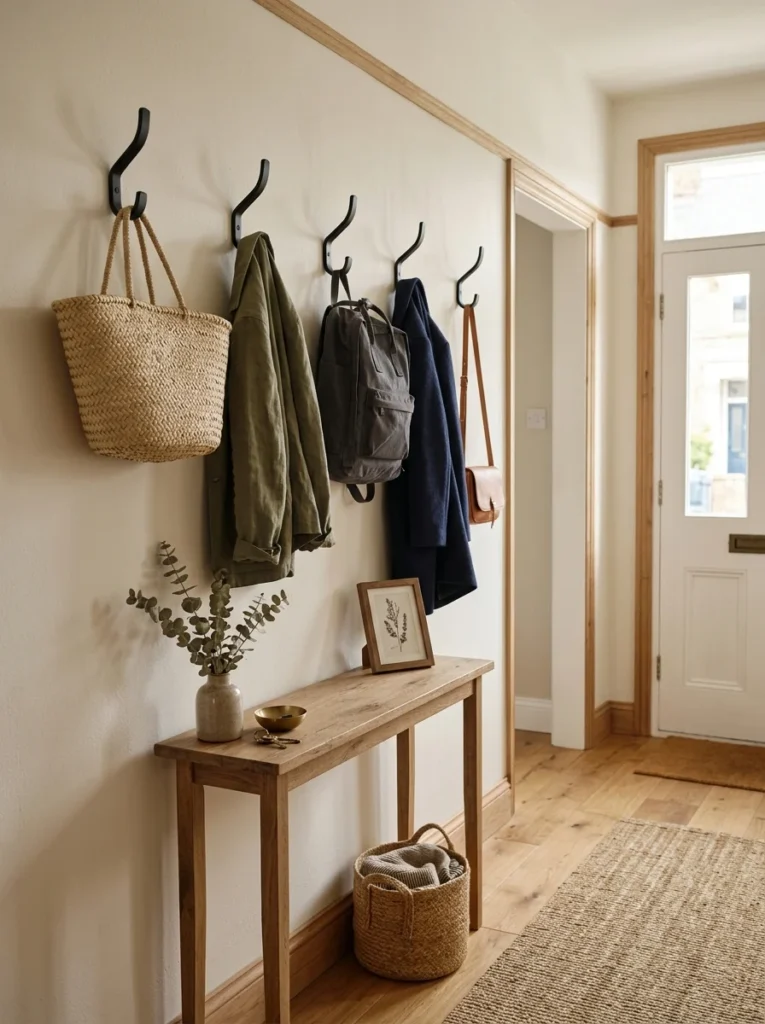 Coordinated wall hooks organizing coats and bags in an entryway