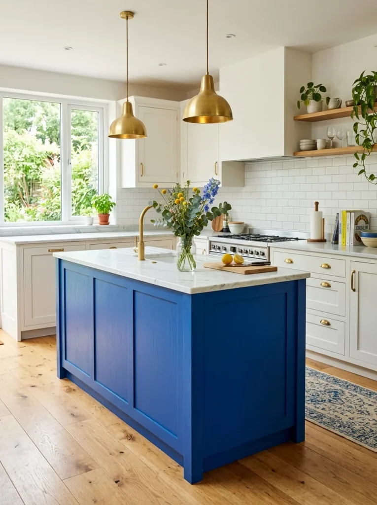 Vibrant kitchen with a cobalt blue island and white perimeter cabinets.