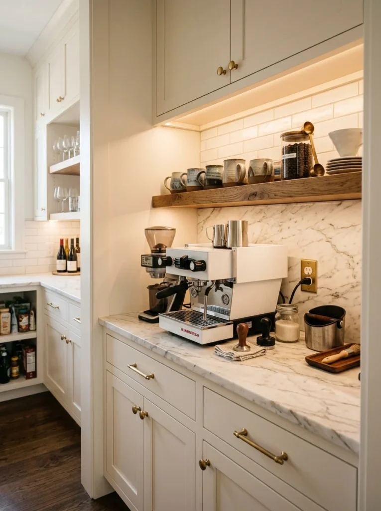 Built-in coffee station with mugs, coffee machine, and storage in a butler’s pantry.