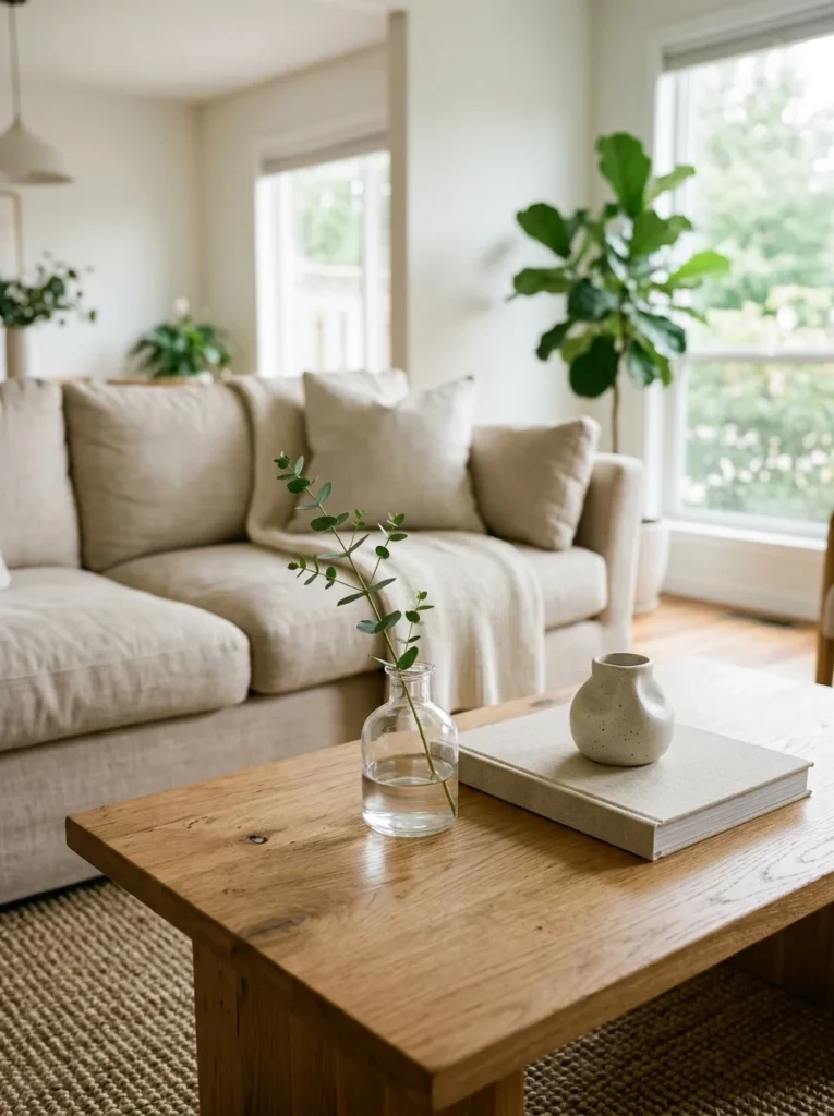 Small bud vase with a single fresh green stem on a coffee table.
