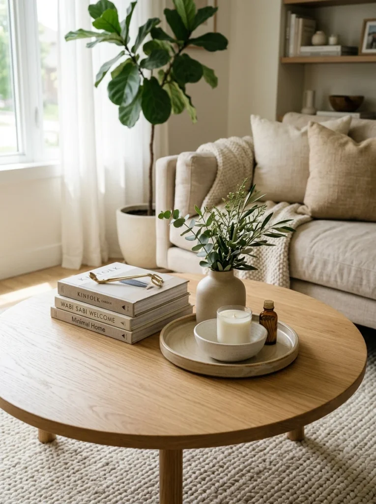 Freshly edited coffee table arrangement with curated decor and plenty of open space.