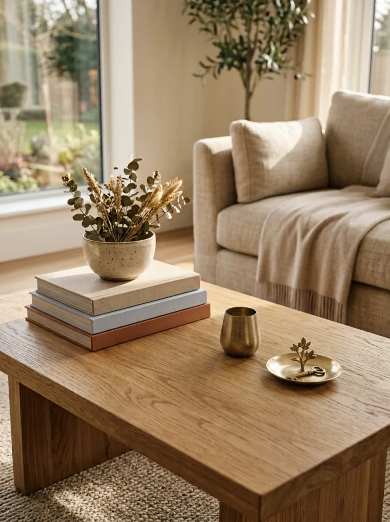 Small brass accents add subtle metallic shine to coffee table decor.
