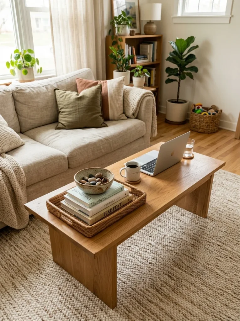 Practical coffee table styling leaves usable space for everyday living.