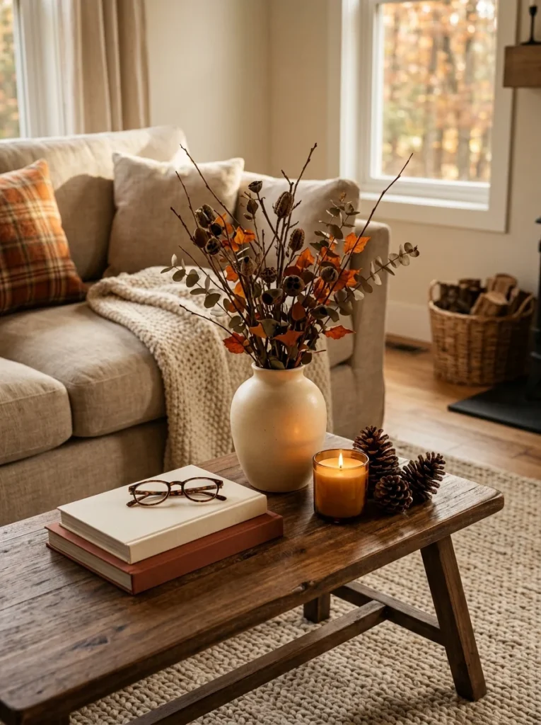Coffee table decorated with subtle seasonal branches, candle, books, and pinecones.