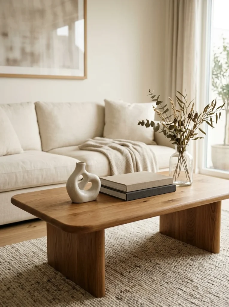 Small abstract ceramic sculpture creates a focal point on a coffee table.