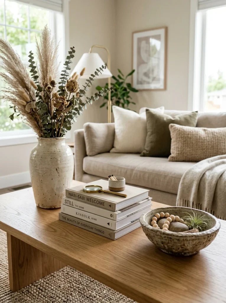 Coffee table arrangement uses tall, medium, and low decor pieces for visual balance.