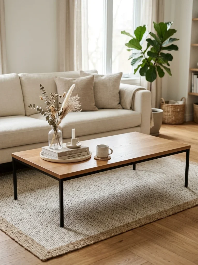 One corner of the coffee table remains clear for everyday use.