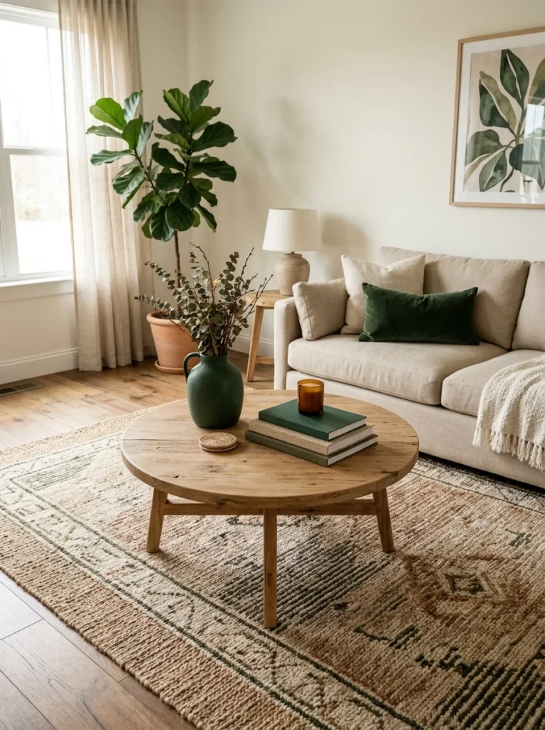 Coffee table decor coordinates with the living room rug and surrounding furniture.
