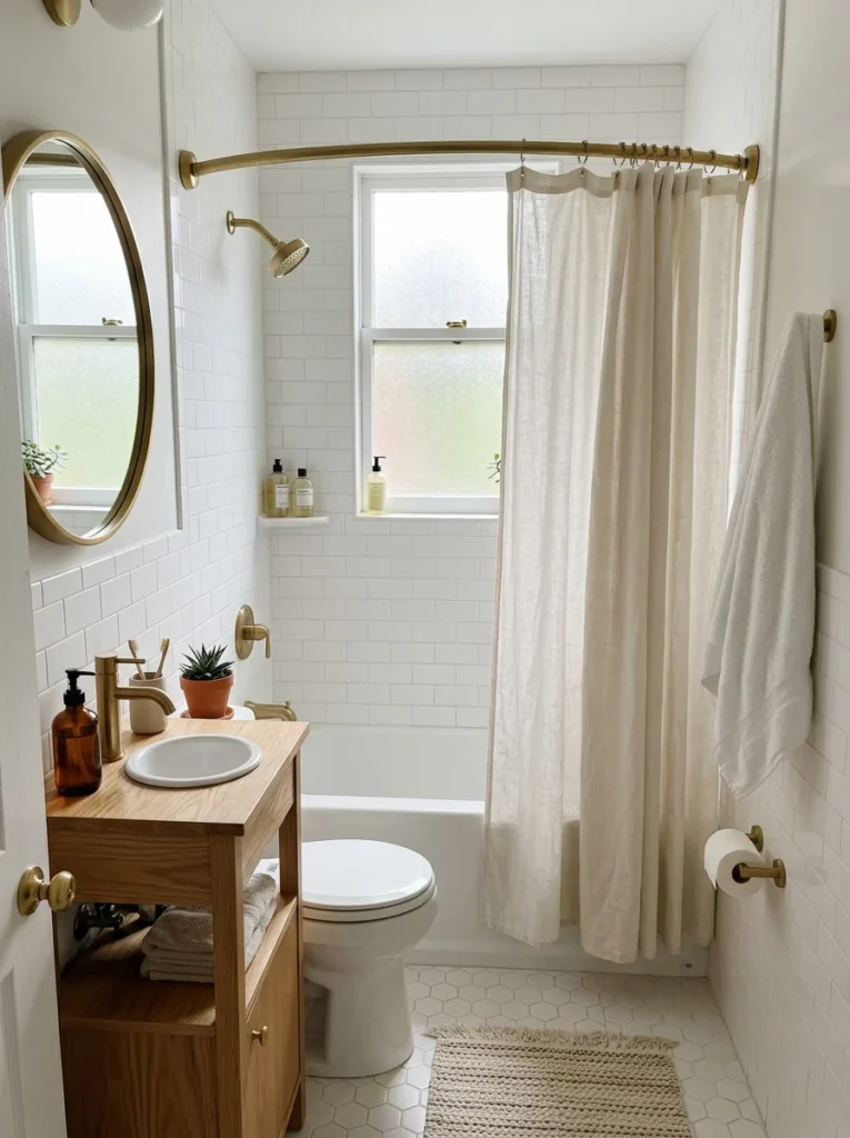 Compact bathroom with a curved shower rod creating extra shower space.