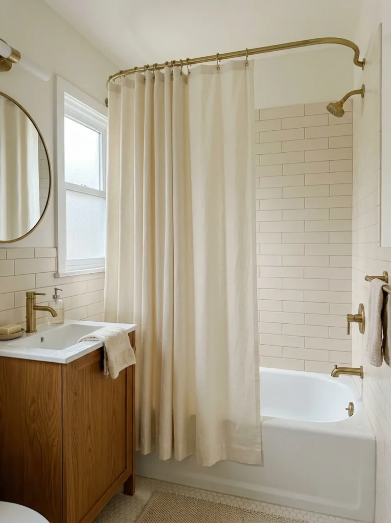 Small bathroom with a properly fitted shower curtain ending neatly above the tub.